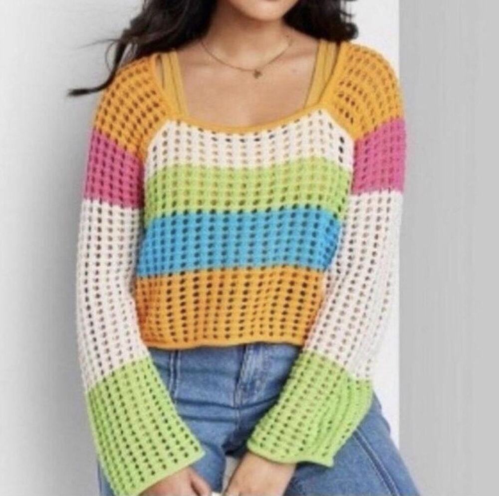 Wild Fable Crochet Top Juniors Size M Colorful Striped Crop Open Knit Boho Beach